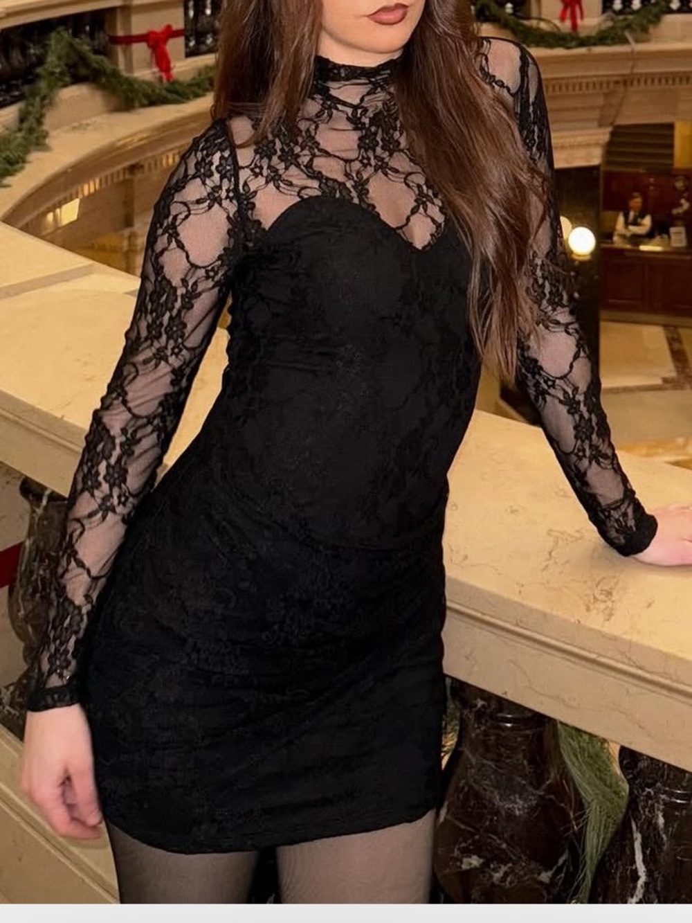 Black Lace Long-Sleeve Mini Dress - Elegant Evening Style